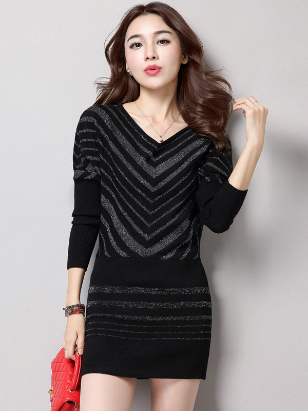 Black Striped Bat Sleeve Knit Mini Dress