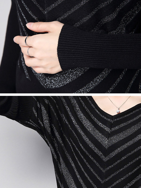 Black Striped Bat Sleeve Knit Mini Dress