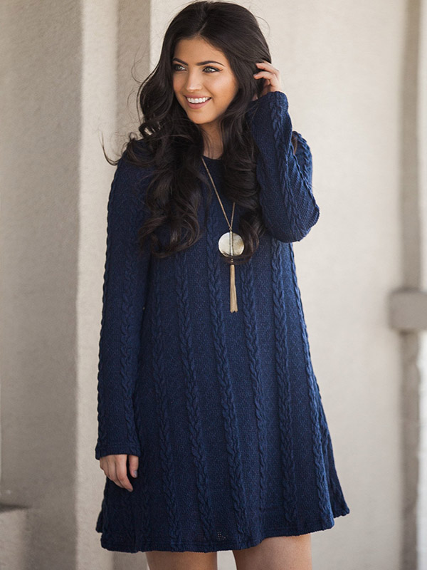 Navy Blue Cable Knit Pattern Dress