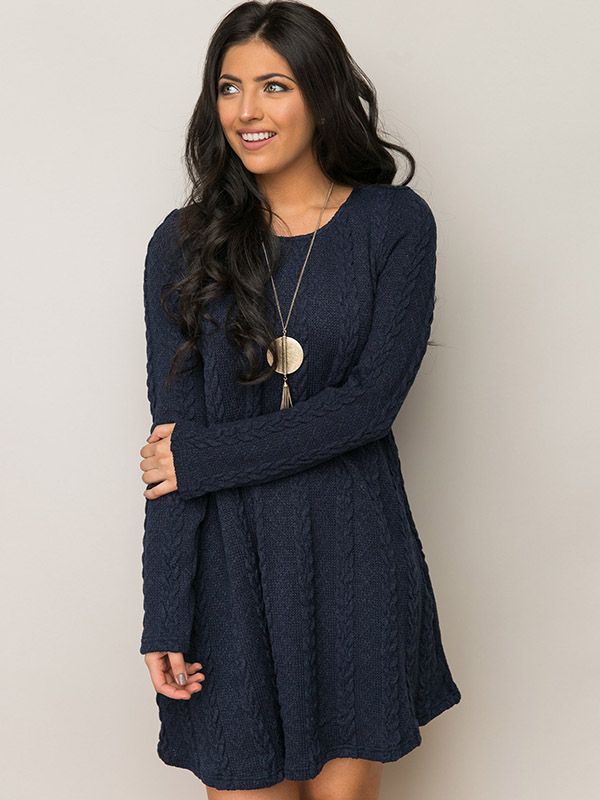 Navy Blue Cable Knit Pattern Dress