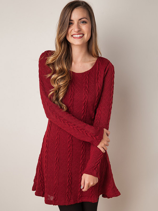 Burgundy Cable Knit Pattern Dress