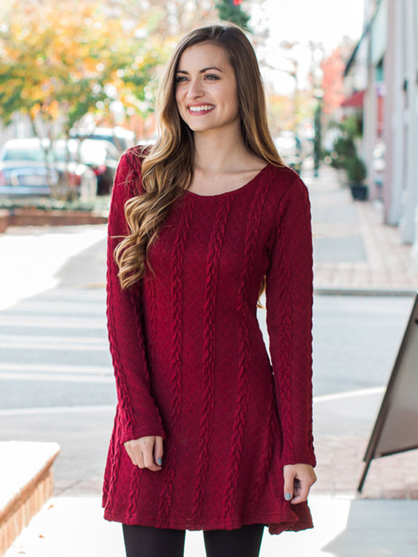 Burgundy Cable Knit Pattern Dress