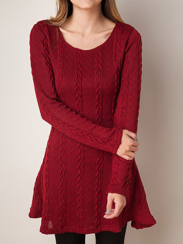 Burgundy Cable Knit Pattern Dress