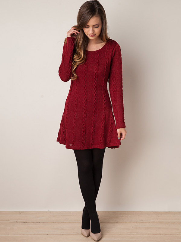 Burgundy Cable Knit Pattern Dress