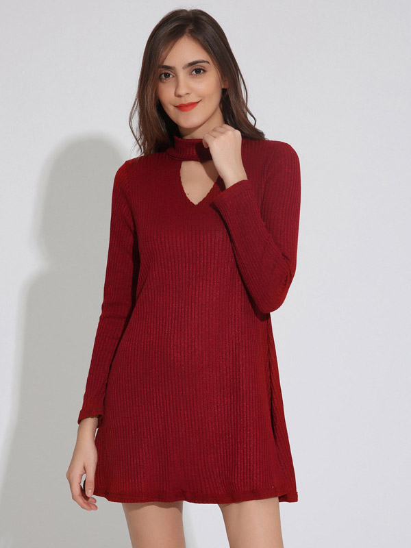 Red Cutout Collar Ribbed Shift Dress