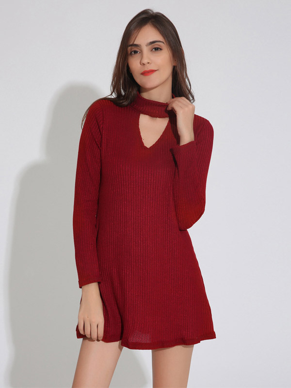 Red Cutout Collar Ribbed Shift Dress