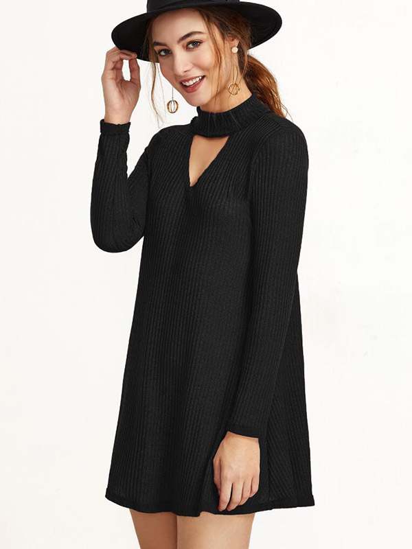 Black Cutout Collar Ribbed Shift Dress