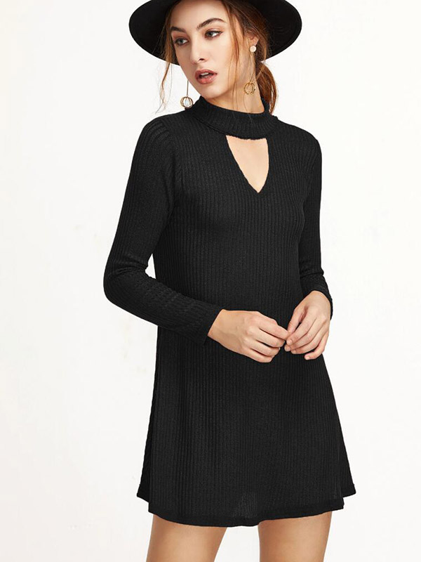 Black Cutout Collar Ribbed Shift Dress