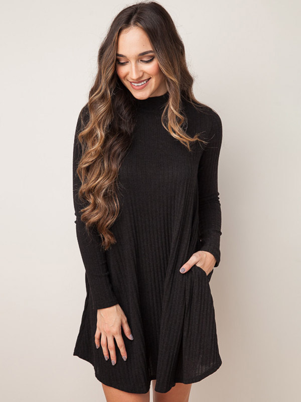 Black Stand Collar Ribbed Shift Dress