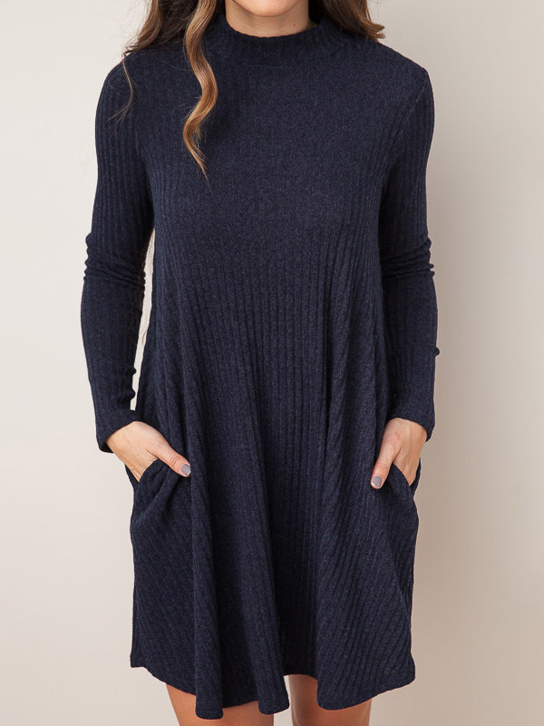 Navy Blue Stand Collar Ribbed Shift Dress