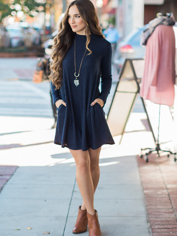 Navy Blue Stand Collar Ribbed Shift Dress