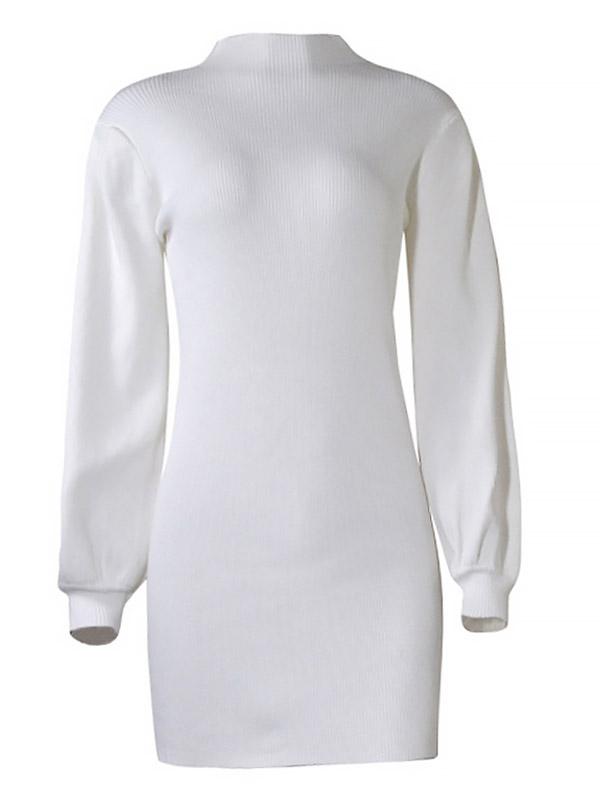 White Stand Collar Lattern Sleeve Knit Dress 