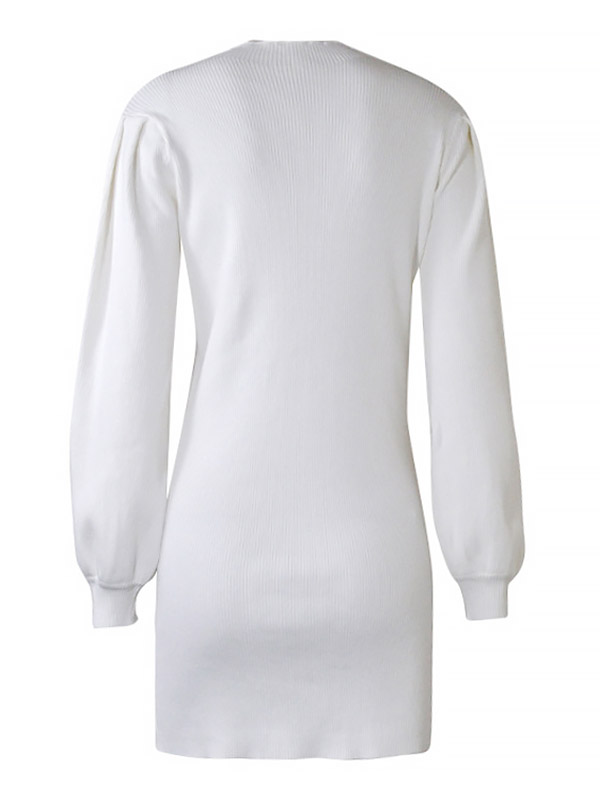 White Stand Collar Lattern Sleeve Knit Dress 