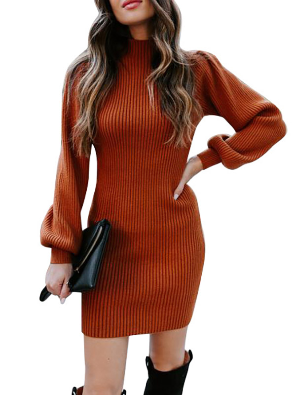 Red Stand Collar Lattern Sleeve Knit Dress 