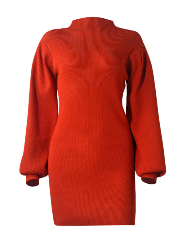 Red Stand Collar Lattern Sleeve Knit Dress 