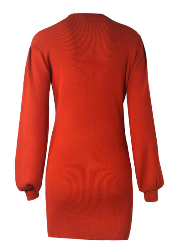 Red Stand Collar Lattern Sleeve Knit Dress 