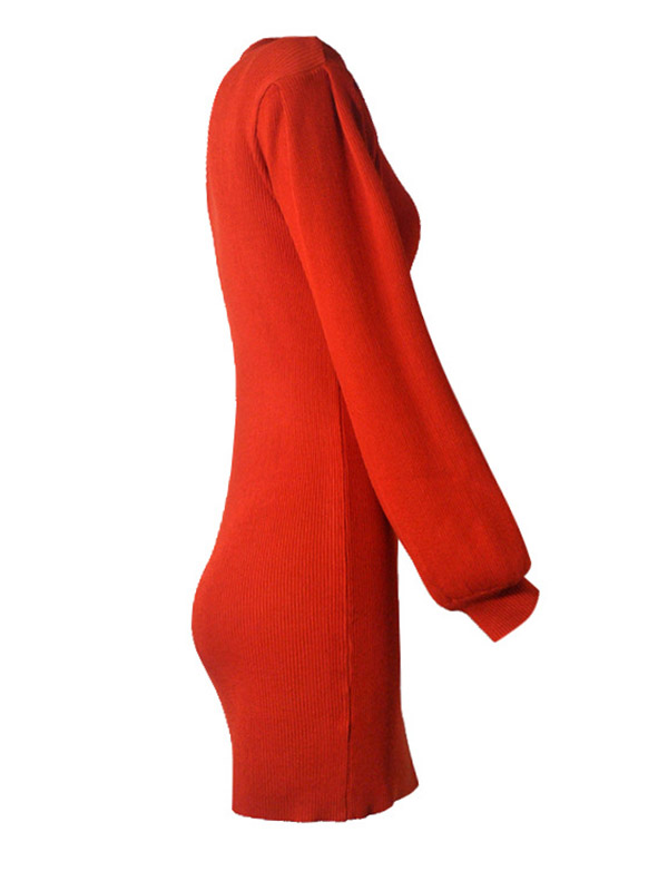 Red Stand Collar Lattern Sleeve Knit Dress 