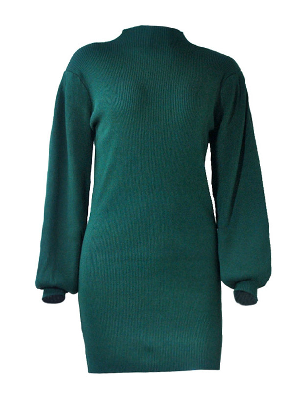 Green Stand Collar Lattern Sleeve Knit Dress 