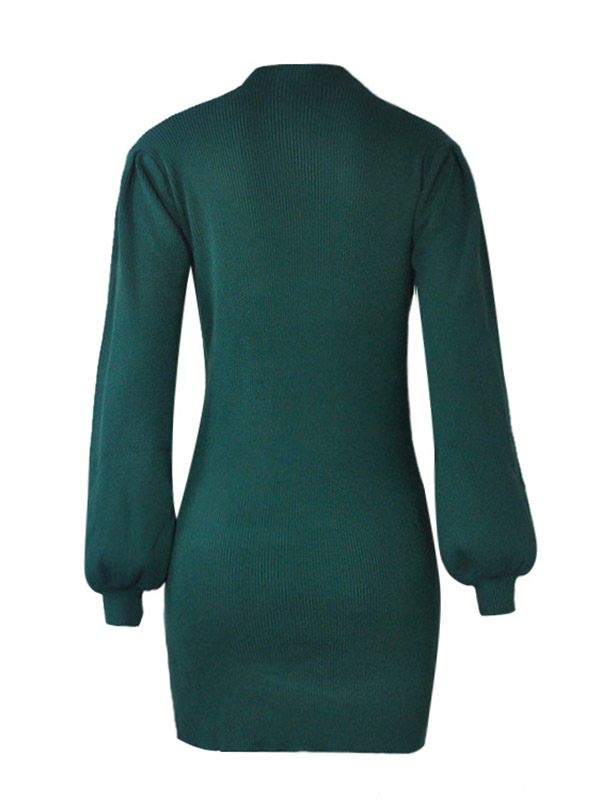 Green Stand Collar Lattern Sleeve Knit Dress 