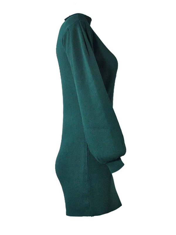 Green Stand Collar Lattern Sleeve Knit Dress 