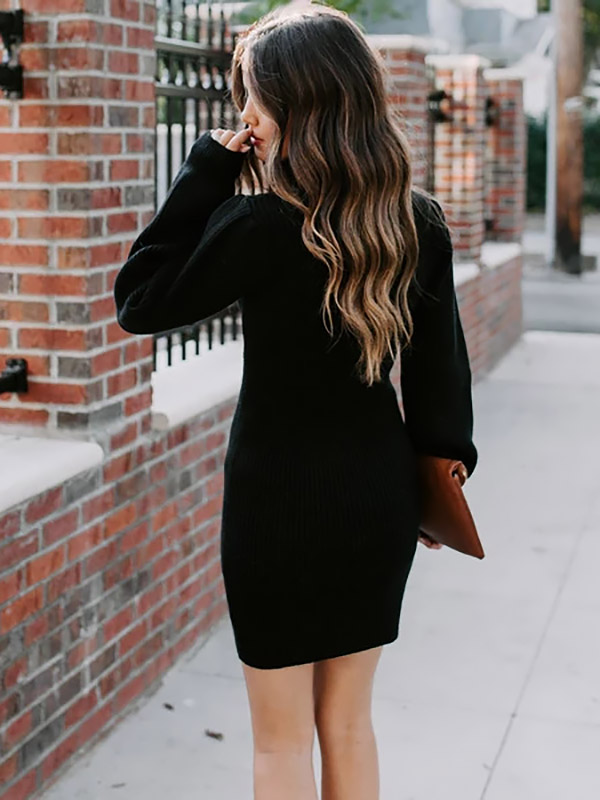 Black Stand Collar Lattern Sleeve Knit Dress 