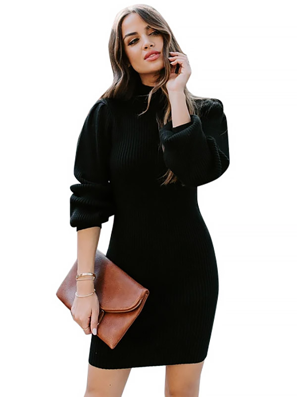 Black Stand Collar Lattern Sleeve Knit Dress 