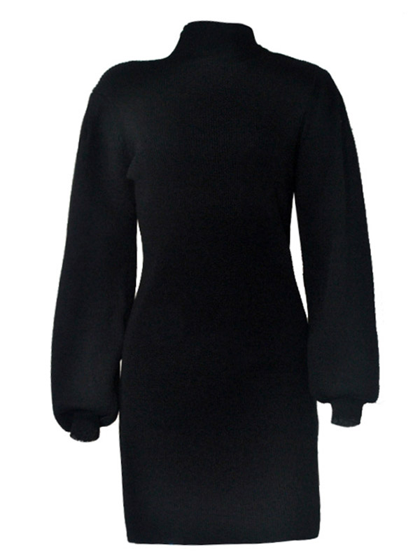 Black Stand Collar Lattern Sleeve Knit Dress 