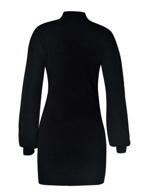 Black Stand Collar Lattern Sleeve Knit Dress 