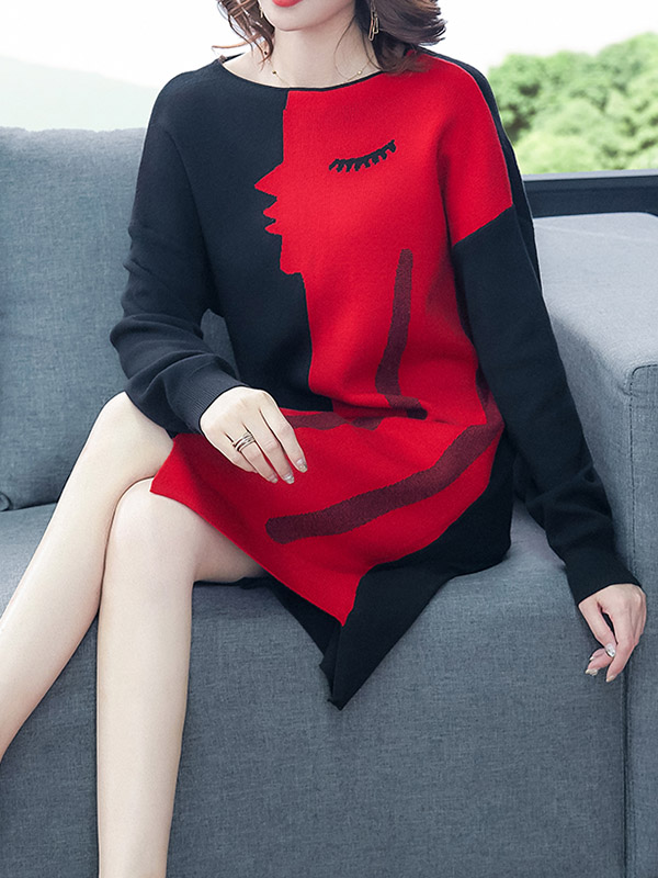 Red Patterned Knit Dress with Assymetric Hem