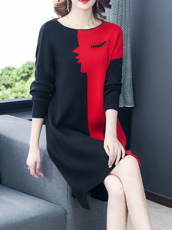 Red Patterned Knit Dress with Assymetric Hem