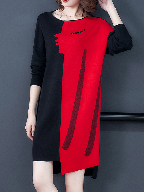 Red Patterned Knit Dress with Assymetric Hem