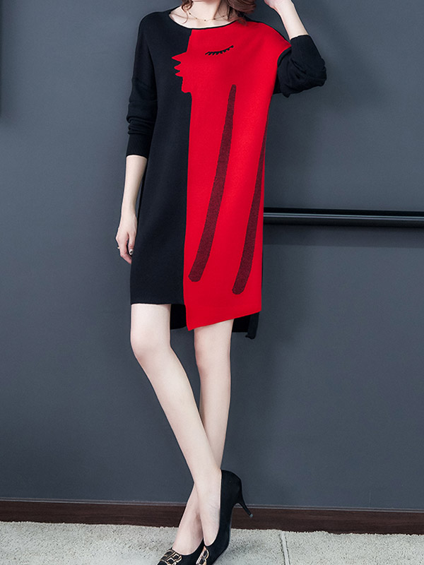 Red Patterned Knit Dress with Assymetric Hem