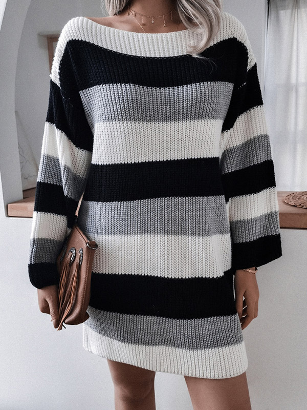 Black Color Block Boat Neck Striped Knit Dress