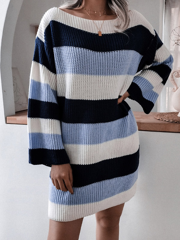 Blue Color Block Boat Neck Striped Knit Dress