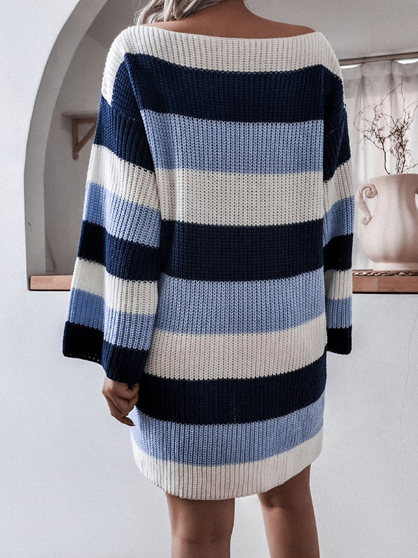 Blue Color Block Boat Neck Striped Knit Dress