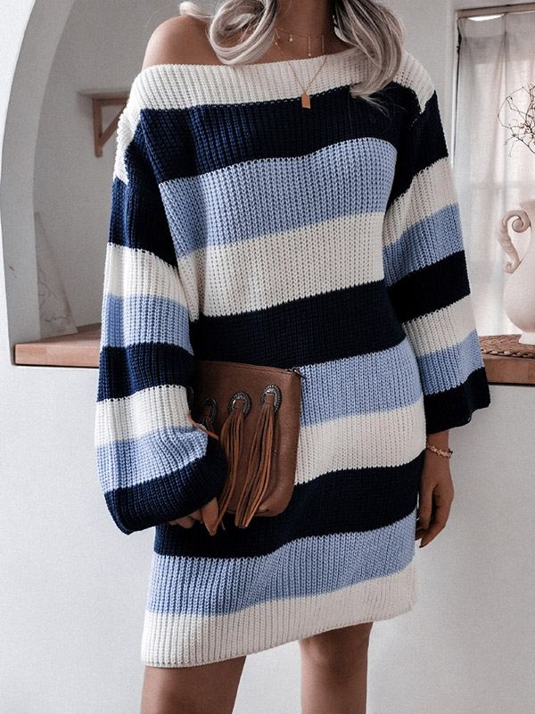 Blue Color Block Boat Neck Striped Knit Dress