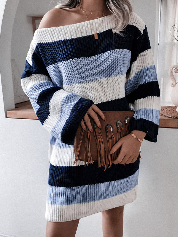 Blue Color Block Boat Neck Striped Knit Dress