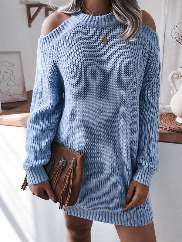 Blue Cold Shoulder Knit Mini Dress