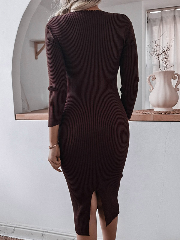 Brown V Neck Knit Back Split Dress