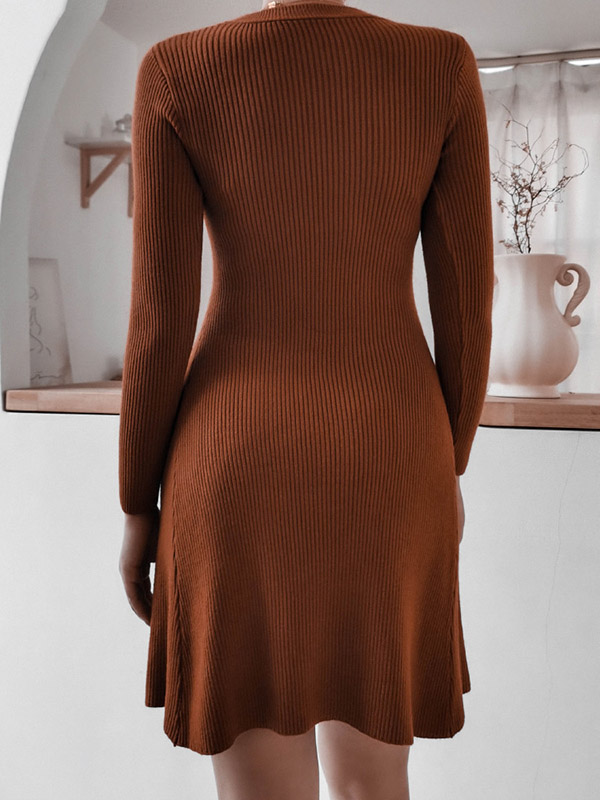 Brown Crew Neck Knit A-line Dress