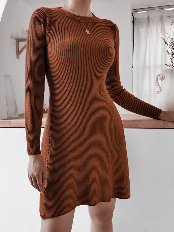 Brown Crew Neck Knit A-line Dress