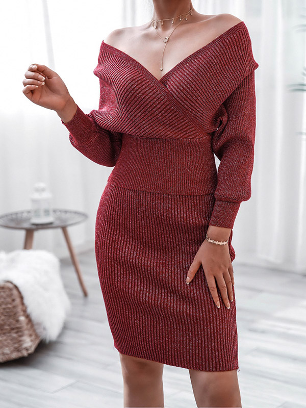 Burgundy V-neck Off the Shoulder Midi Dress