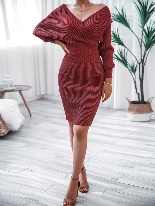 Burgundy V-neck Off the Shoulder Midi Dress