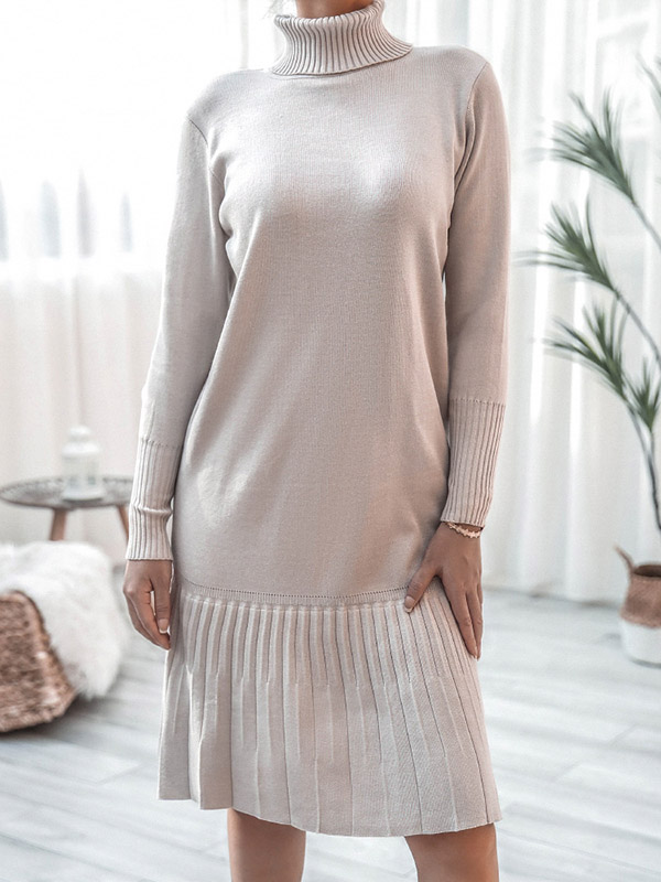 Beige High Neck Knit Pleated Dress