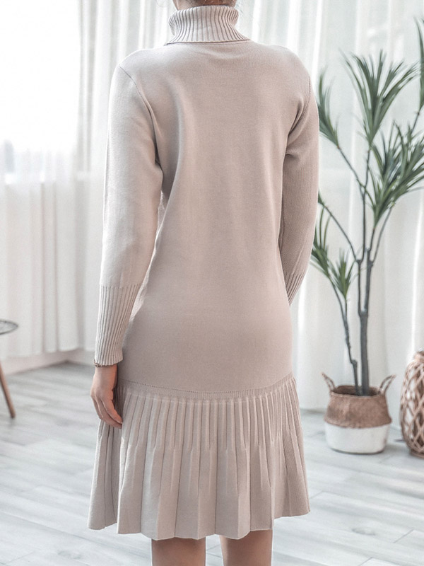 Beige High Neck Knit Pleated Dress