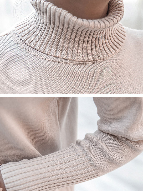 Beige High Neck Knit Pleated Dress