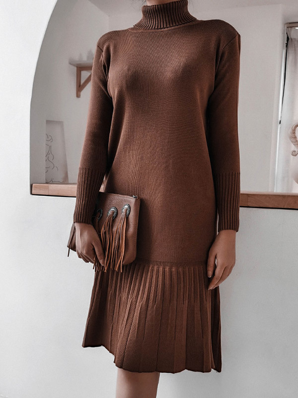 Brown High Neck Knit Pleated Dress