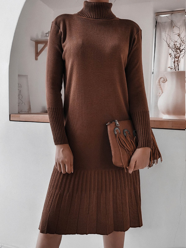 Brown High Neck Knit Pleated Dress