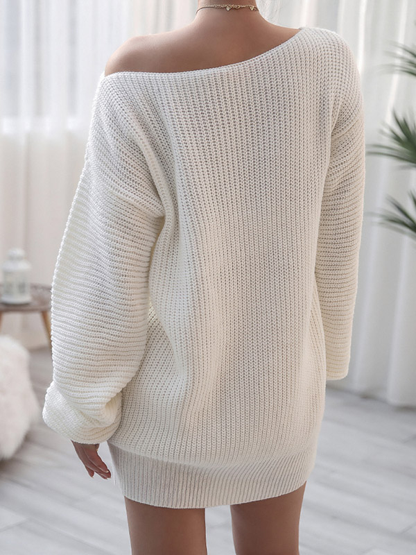 White Boat Neck Knitted Dress