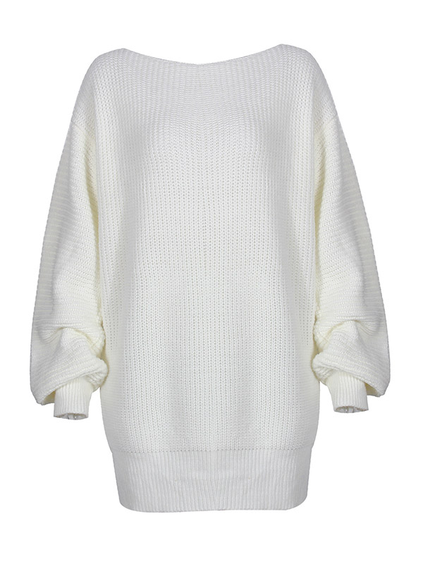 White Boat Neck Knitted Dress